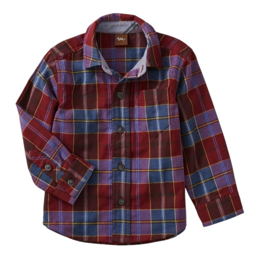 NEW Tea Collection Family Plaid Button Up Shirt Maroon Blue Size 3-6 months